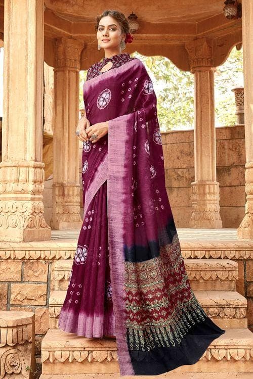 Jam Purple Printed Linen Blend Saree Linen Saree Jam Purple Printed Linen Saree saree online