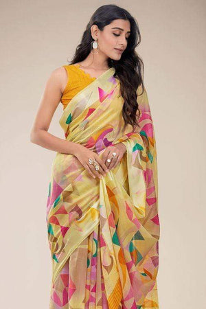 Lemon Yellow Linen Blend Saree