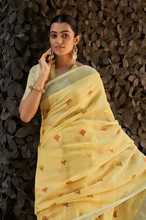 Lemon Yellow Linen Blend Saree linen saree online