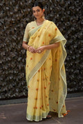 Lemon Yellow Linen Blend Saree linen saree