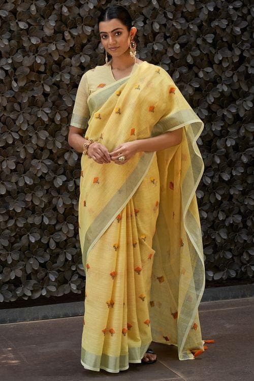 Lemon Yellow Linen Blend Saree linen saree