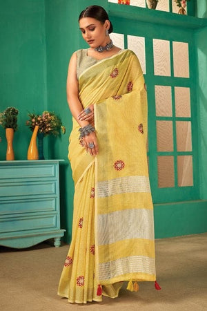 Lemon Yellow Linen Blend Saree