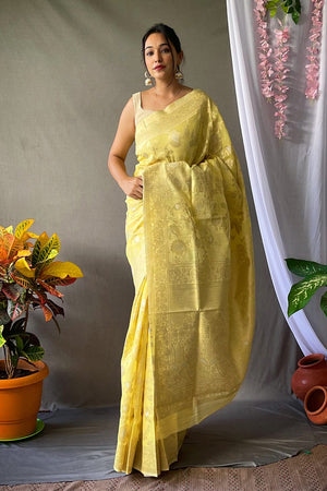 Lemon Yellow Linen Saree