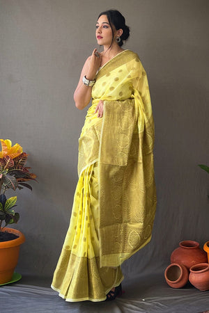 Lemon Yellow Linen Saree
