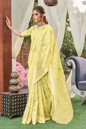 Lemon Yellow Linen Blend Saree