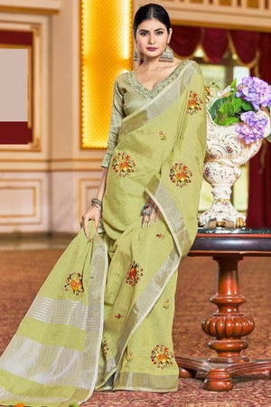 Lime Green Linen Blend Saree