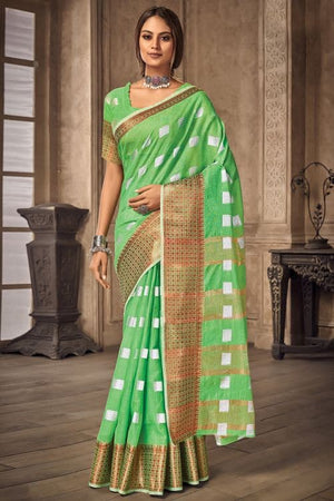 Lime Green Linen Blend Saree