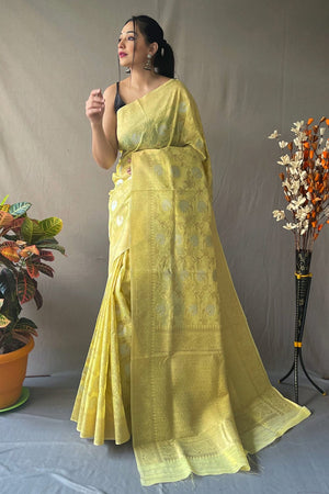 Lime Yellow Linen Saree