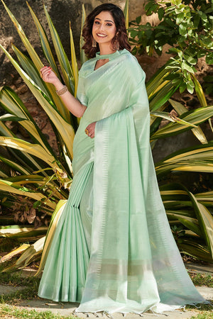 green linen saree
