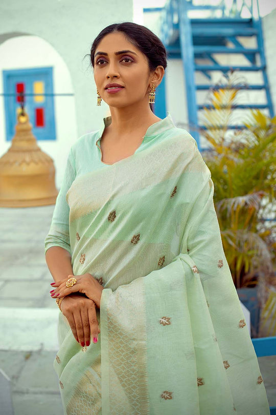 Mint Green Tissue Linen Blend Saree linen saree online
