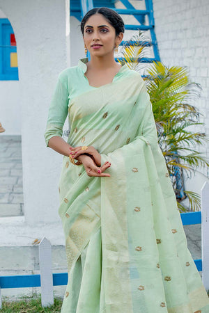 Mint Green Tissue Linen Blend Saree