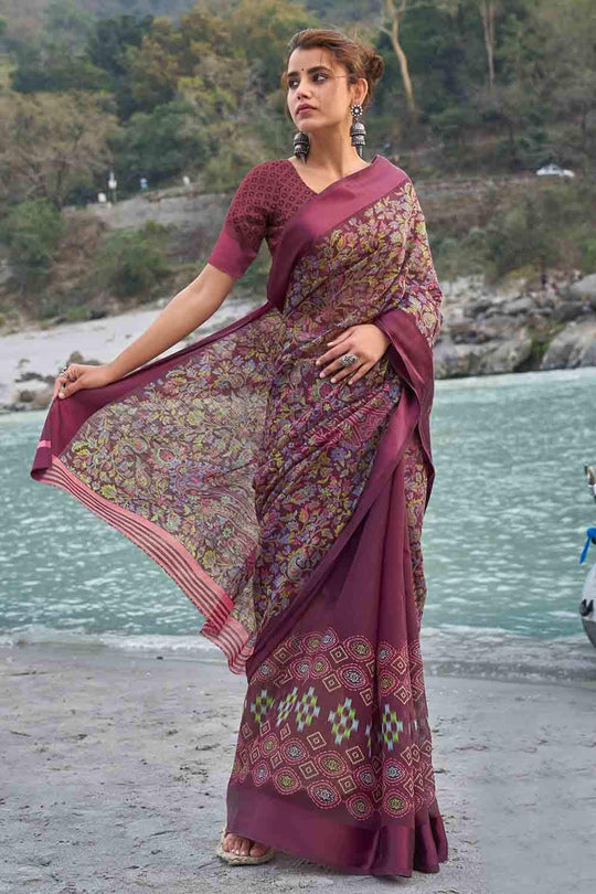 Mulberry Purple Floral Printed Linen Blend Saree Mulberry Purple Floral Printed Linen Blend Saree