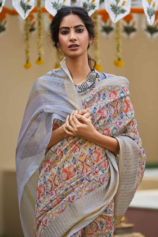 Multicolor Digital Printed Linen Blend Saree Linen Saree Multicolor Digital Printed Linen Saree saree online