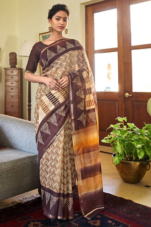 Mustard Brown Linen Blend Saree