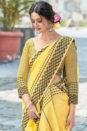 Mustard Yellow Linen Blend Saree