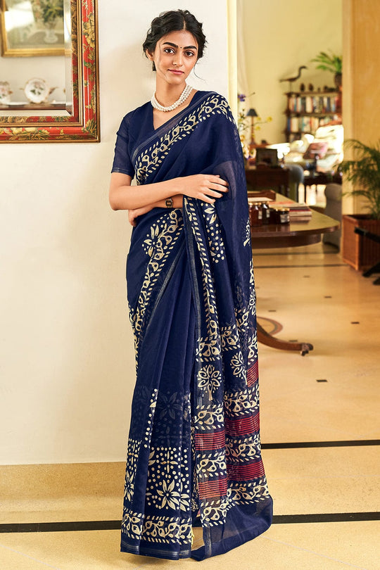 Navy Blue Linen Blend Saree blue linen saree