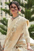 Off White Linen Blend Saree linen saree blouse designs