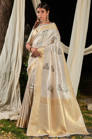 Off White Linen Blend Saree