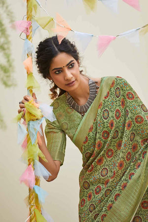 Olive Green Digital Printed Linen Blend Saree