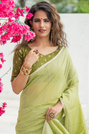 Olive Green Linen Blend Saree
