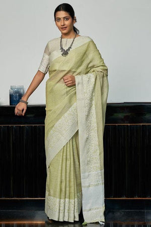 Olive Light Green Linen Blend Saree