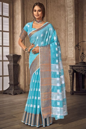 Olympic Blue Linen Blend Saree
