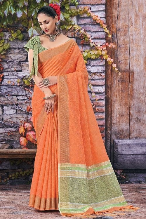 Orange Linen Blend Saree Linen Saree Orange Linen Saree saree online