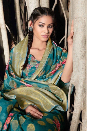 Pacific Blue Zari Woven Linen Blend Saree