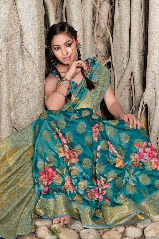 Pacific Blue Zari Woven Linen Blend Saree Linen Saree Pacific Blue Zari Woven Linen Saree saree online