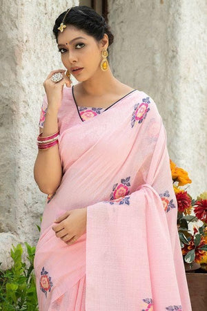 Pale Pink Linen Blend Saree