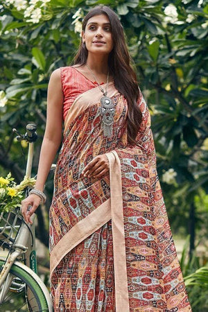 Peach Orange Linen Blend Saree