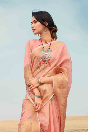 Peach Pink Digital Printed Linen Saree