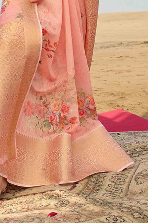 Linen Saree Peach Pink Digital Printed Linen Saree saree online