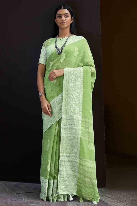 Pear Green Linen Blend Saree linen saree blouse designs
