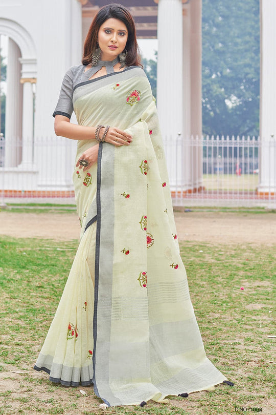 Pearl White Linen Blend Saree linen