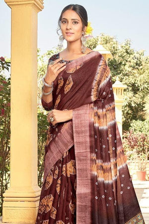Pecan Brown Printed Linen Blend Saree