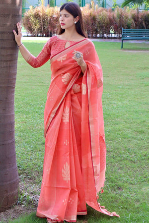 Peony Peach Linen Blend Saree