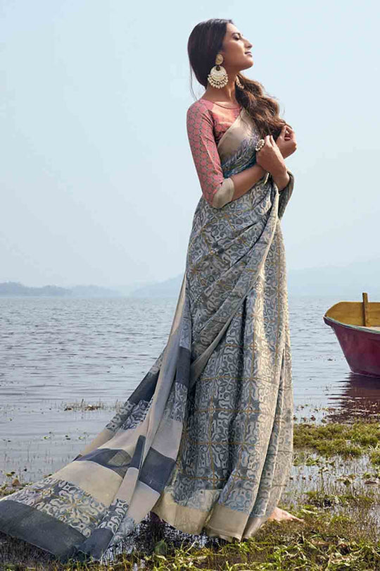 Pewter Grey Linen Blend Saree grey linen saree