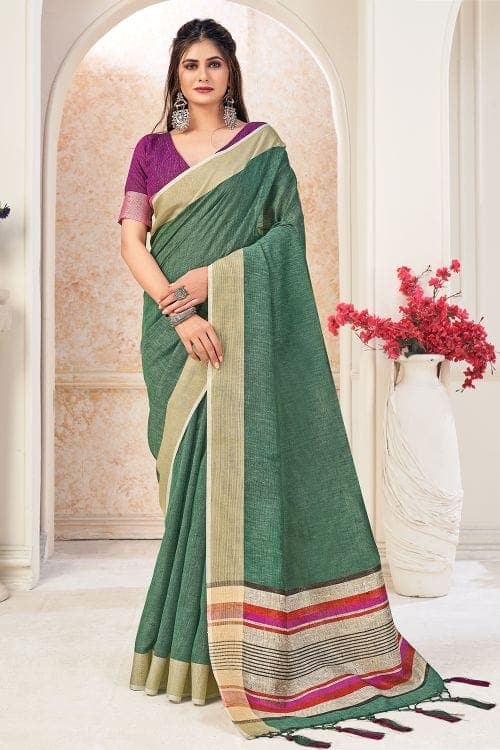 Pine Green Linen Blend Saree Linen Saree Pine Green Linen Saree saree online