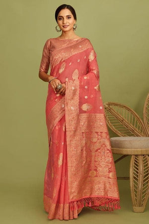 Rose Red Linen Blend Saree