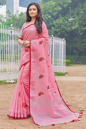 Rouge Pink Linen Blend Saree