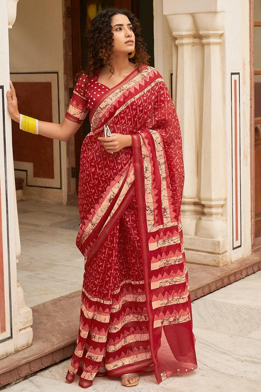 Rufous Red Linen Blend Saree linen