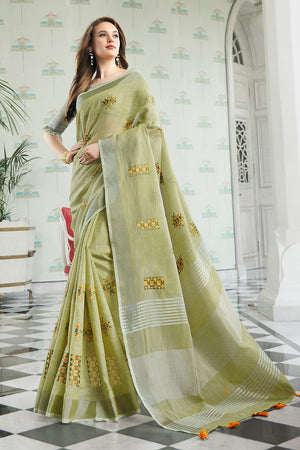 Sage Green Linen Blend Saree
