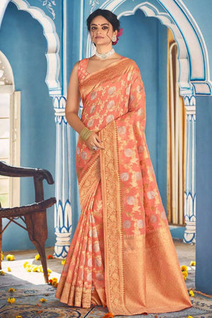 Salmon Orange Linen Blend Saree