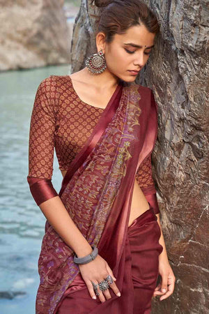 Sangria Red Floral Printed Linen Blend Saree