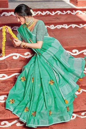 Sea Green Linen Blend Saree