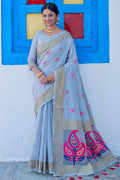 Seagull Blue Linen Blend Saree blue linen saree