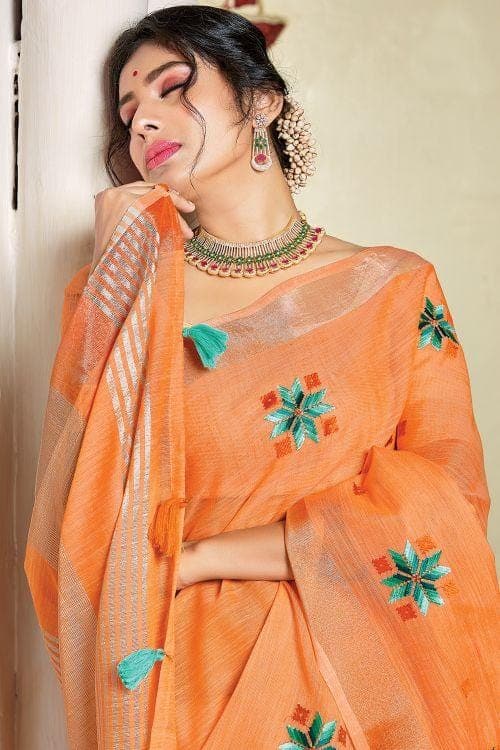 Sherebert Orange Linen Blend Saree linen saree online