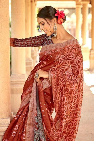 Sienna Brown Printed Linen Blend Saree