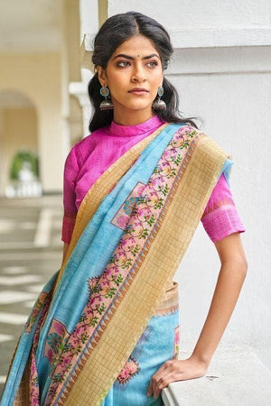 Sky Blue Linen Blend Saree